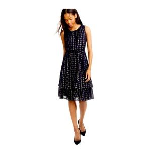 J.CREW GOLD METALLIC TEXTURED-DOT NAVY BLUE CHIFFON DRESS